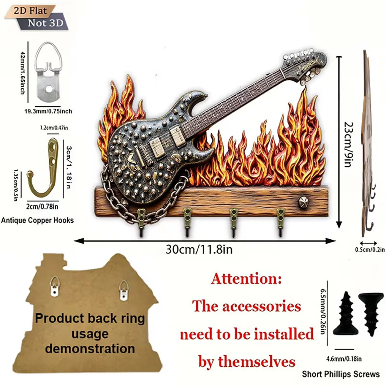 2D Flat Key Holder with Riveted Guitar and Flame Print, Four Hooks, Cool Rock Style Wall Decor for Music Lovers.