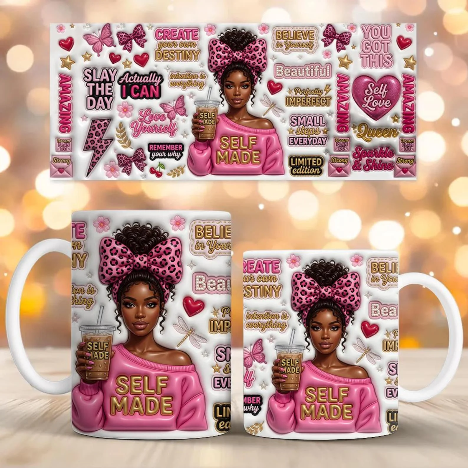 Inflated Self Made Black Woman Mug Wrap PNG 11oz 15oz Inspirational Black Girl Sublimation Design Good Morning Cup Download