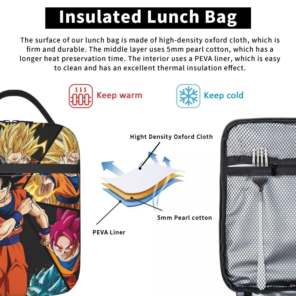 Dragon Ball Z DBZ Goku Isolierte Lunchtasche Thermotasche   Mahlzeitbehälter Anime Große Tragetasche Lunchbox Lebensmittelaufbewahrungstaschen College