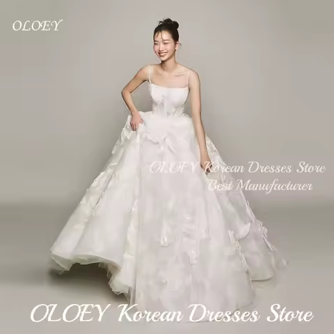 OLOEY Elegant White Soft Tulle Wedding Dress Spaghetti Straps with 3D Lace Embroidery Evening Dress Sleeveless Customized