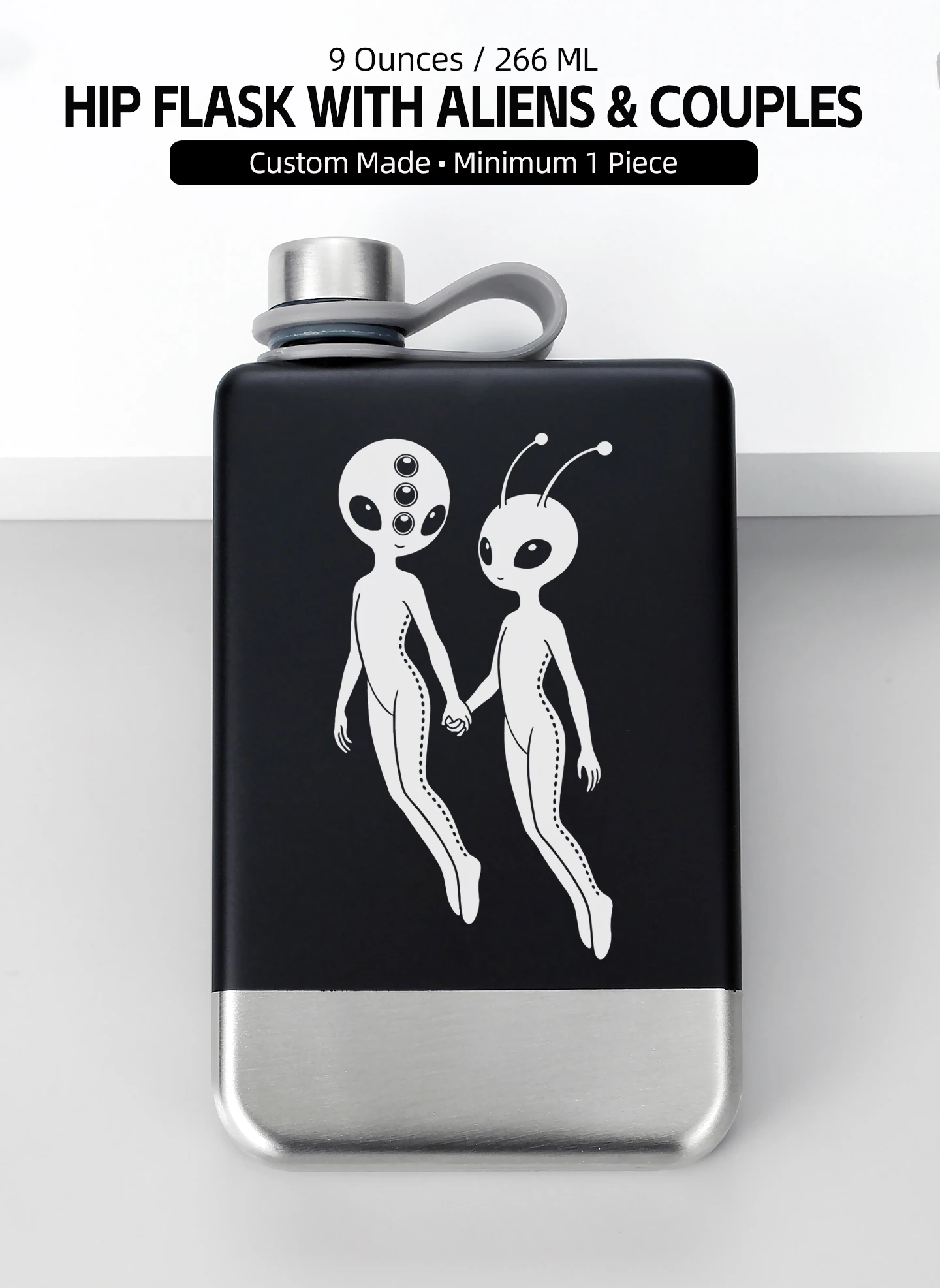 9oz 226ml 304 Edelstahl-Hüftflasche „Alien Couple“ Rechteckige Wasserflasche Schwarz & Grün Tragbare Spirituosenflasche mit kostenlosem Trichter – Detail 1