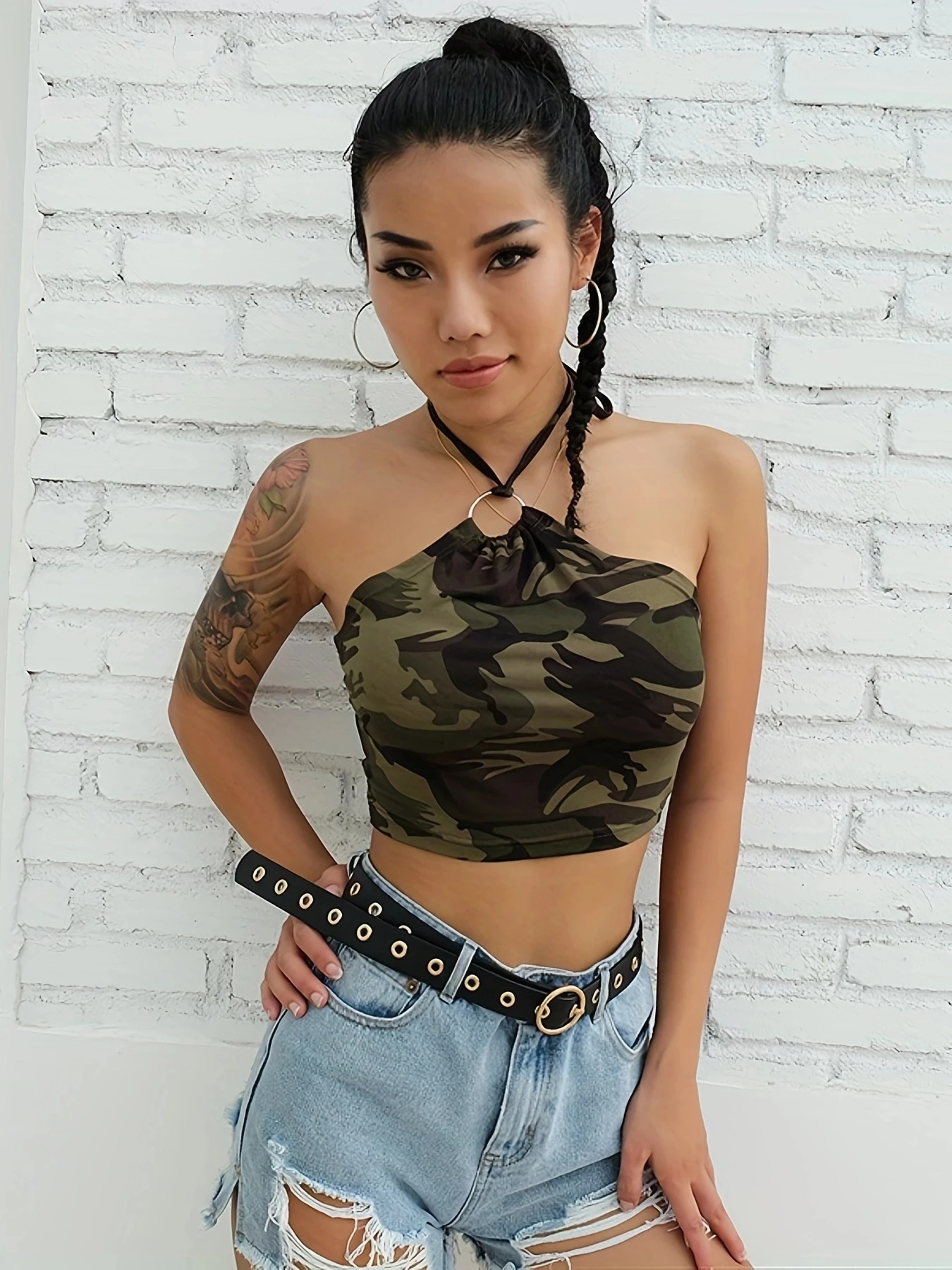 Europa und die Vereinigten Staaten Tarnmuster kleine Neck holder Weste weibliche Sommer Ernte zurück sexy Halfter ärmellose Bluse weiblich