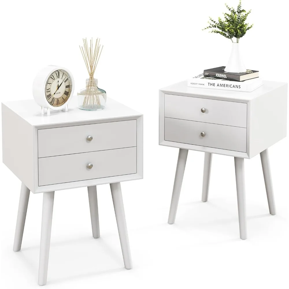 

pair of wooden nightstands with storage drawers and solid wood legs, mid-century style bedside tables