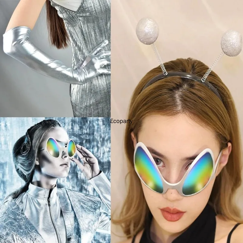 Adult Alien Cosplay Costume Accessories Fancy Irregular Glasses Round Ball Headband Gloves Halloween Carnival Theme Party Outfit
