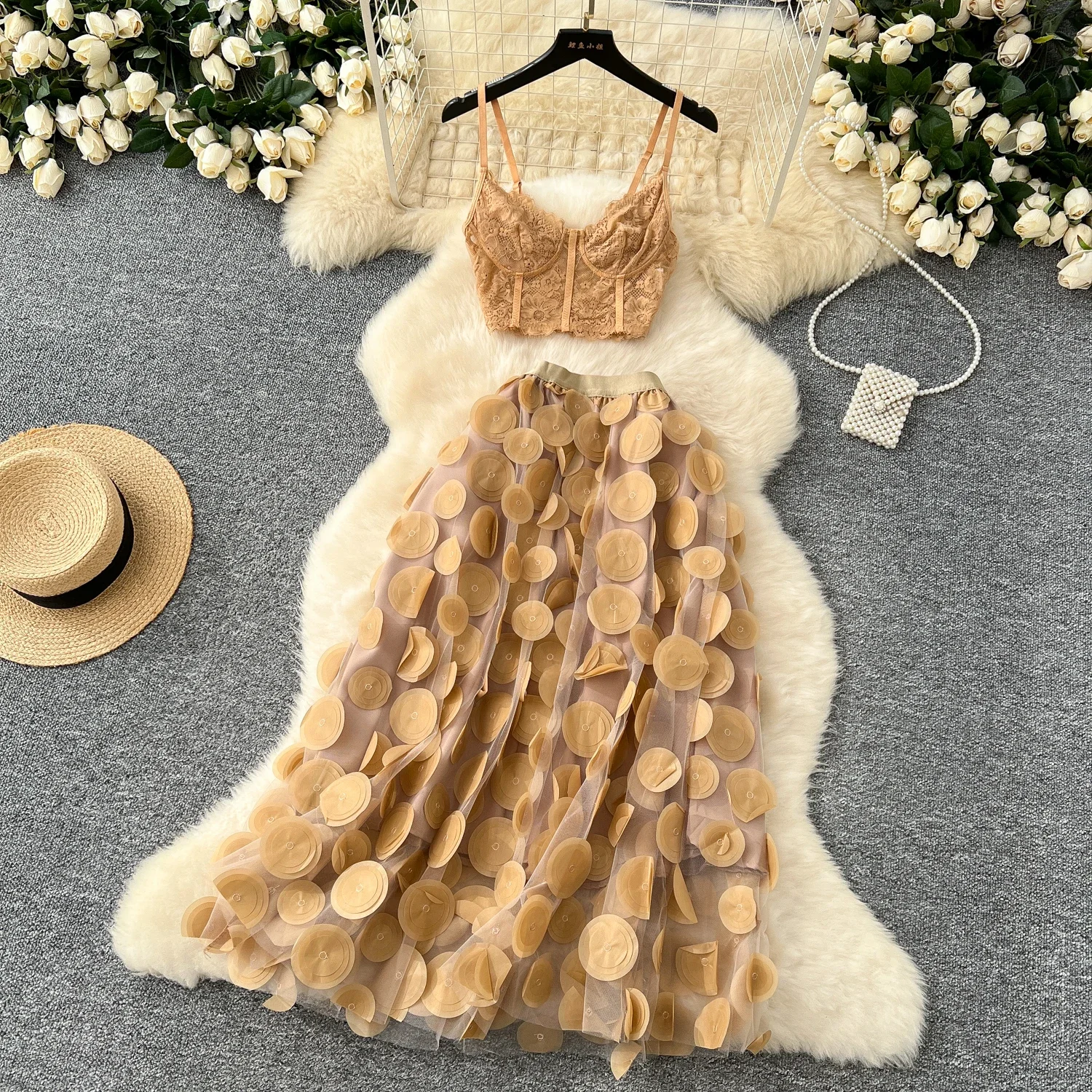 Chic Women Two-Piece Sets Off Shoulder Straps Camis Top High Waist Three-dimensional Dot Mesh Skirt High Street Summer Clothing