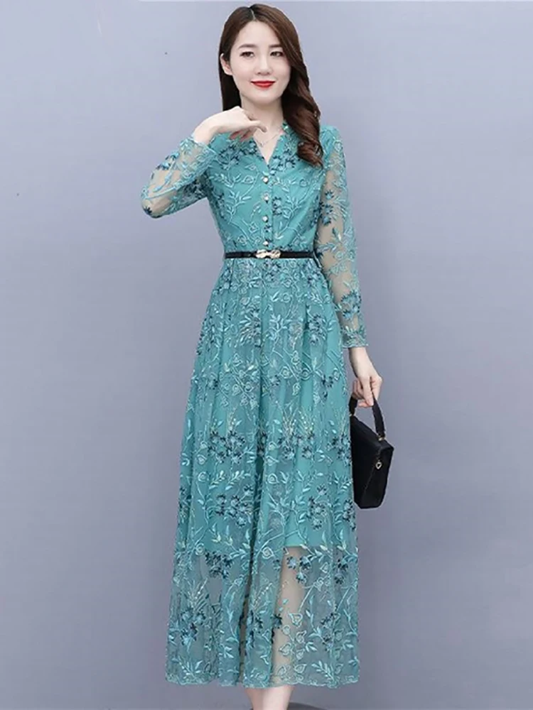 Autumn Winter Mesh Sexy Maxi Dress Women Vintage Embroidery Luxury Evening  Dress 2024 Elegant Bodycon Casual Party Midi Vestidos