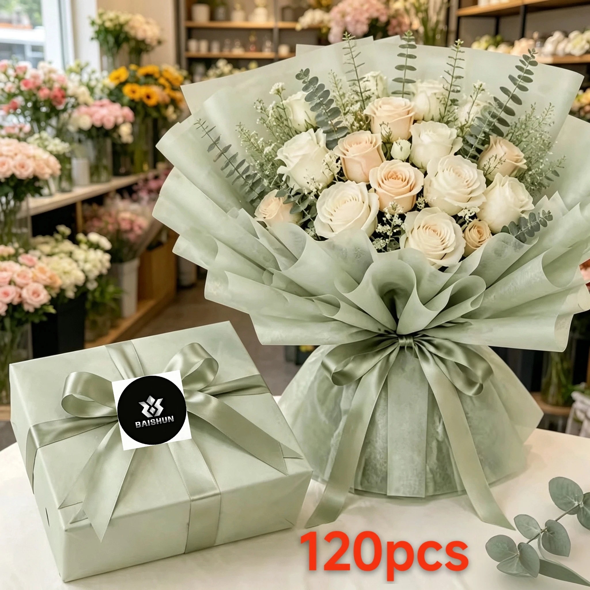 120 Sheets Sage Green Bouquet Lining Tissue Paper, Floral Wrapping Sage Green Shredded Paper for Valentine's Day New Year Easter