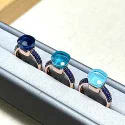 10.6mm Crystal Ring Inlay Blue Zircon With Black Gun Plated Women 30Colors Candy Style Ring Turquoise Amethyst Jewelry Gift