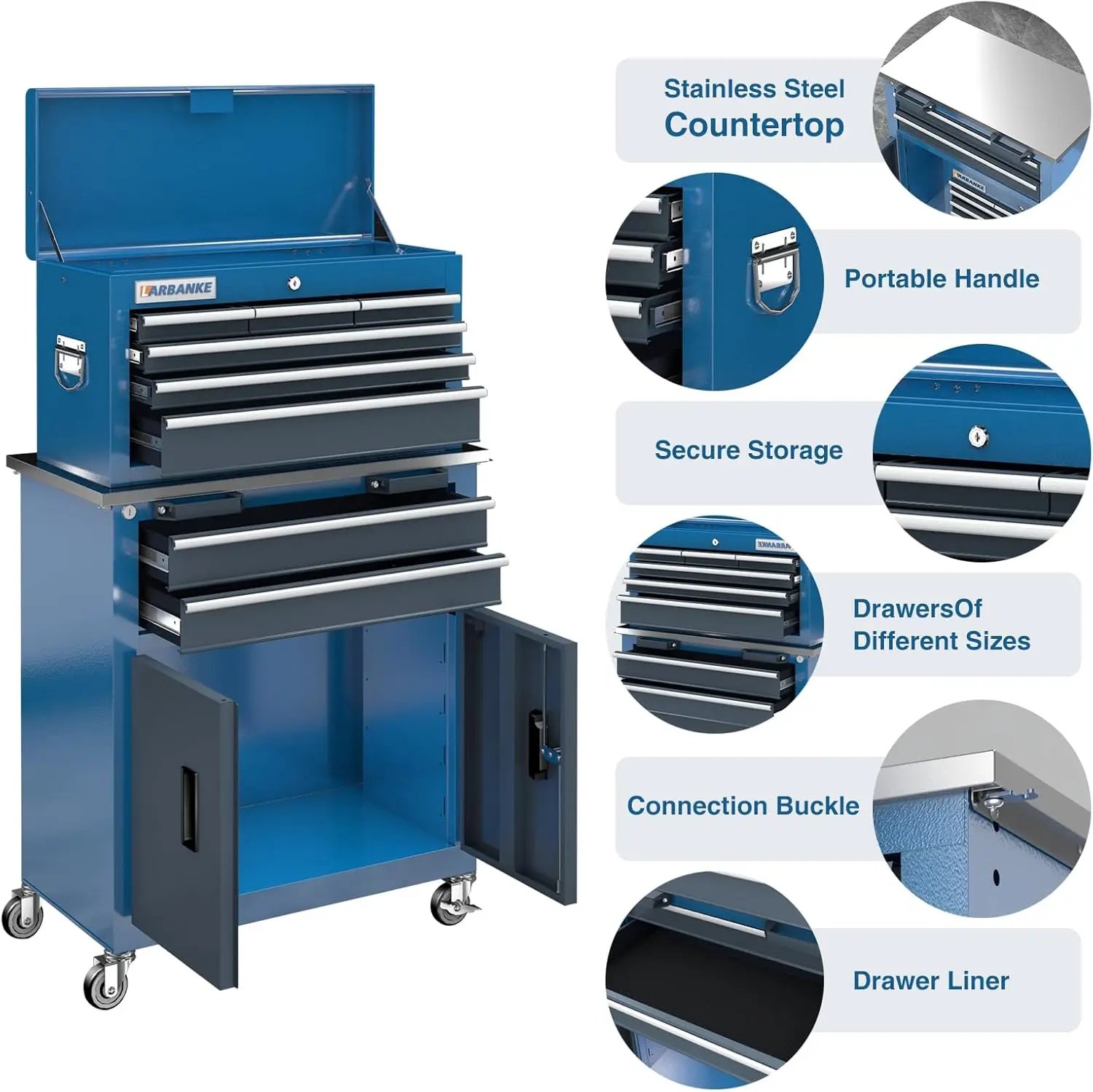 Rolling Tool Chest with Wheels and Door,Tool Box with Sliding Drawer,Stainless Steel Countertop ,