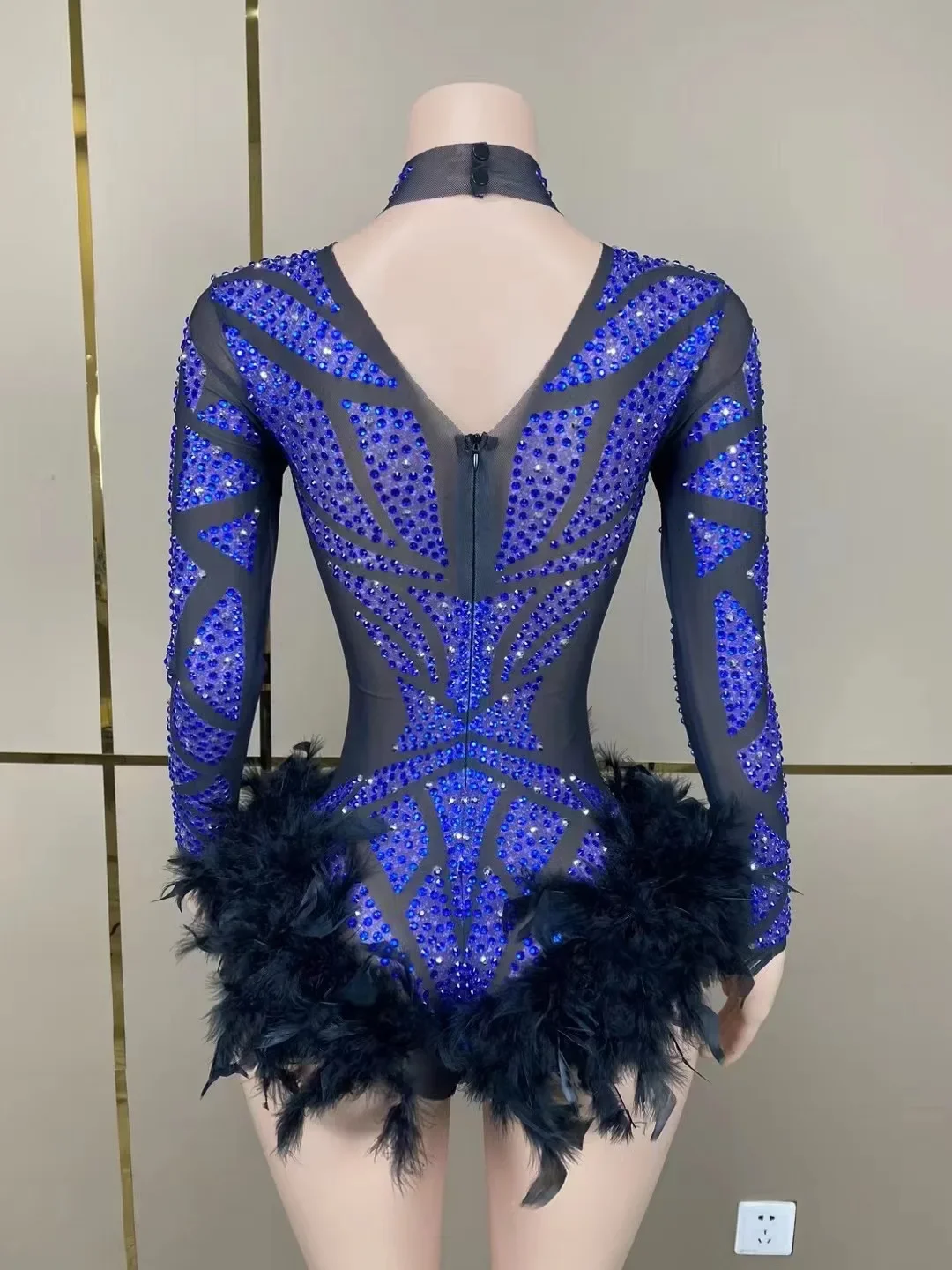 Sexy Stage Blue Rhinestones Stretch Black feather Mesh Bodysuit Dance Birthday Wedding Celebrate Costume Photoshoot Bodysuit