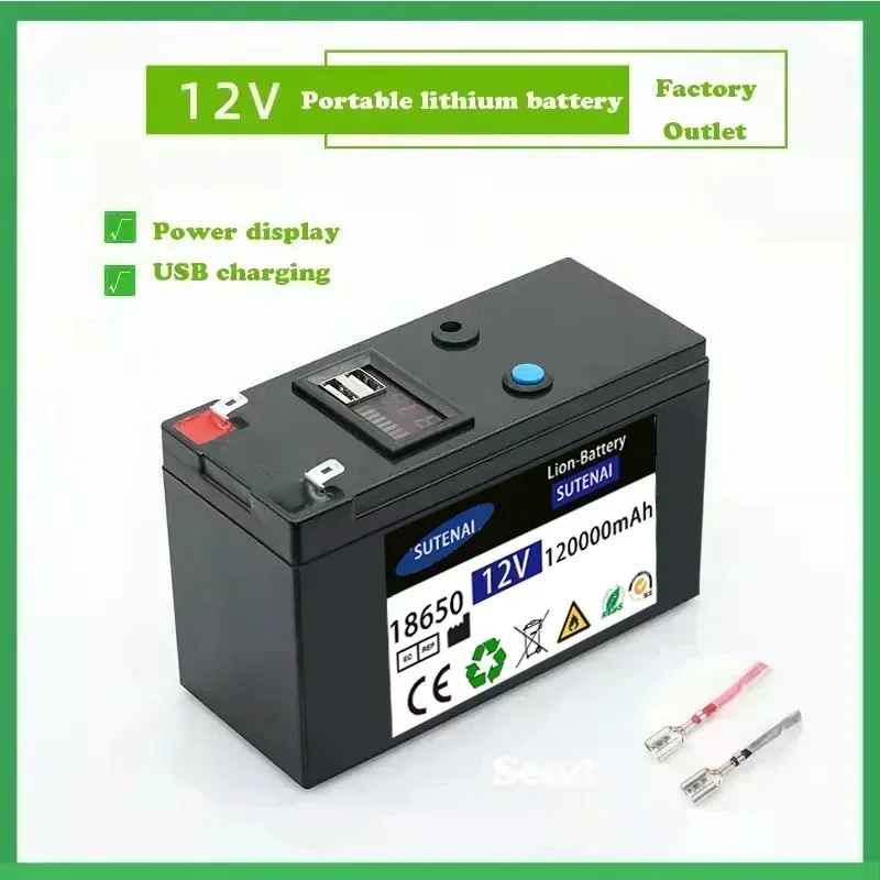 Bateria de lítio 12v 120ah 18650, bateria recarregável para energia solar, bateria de veículo elétrico + carregador 12.6v3a