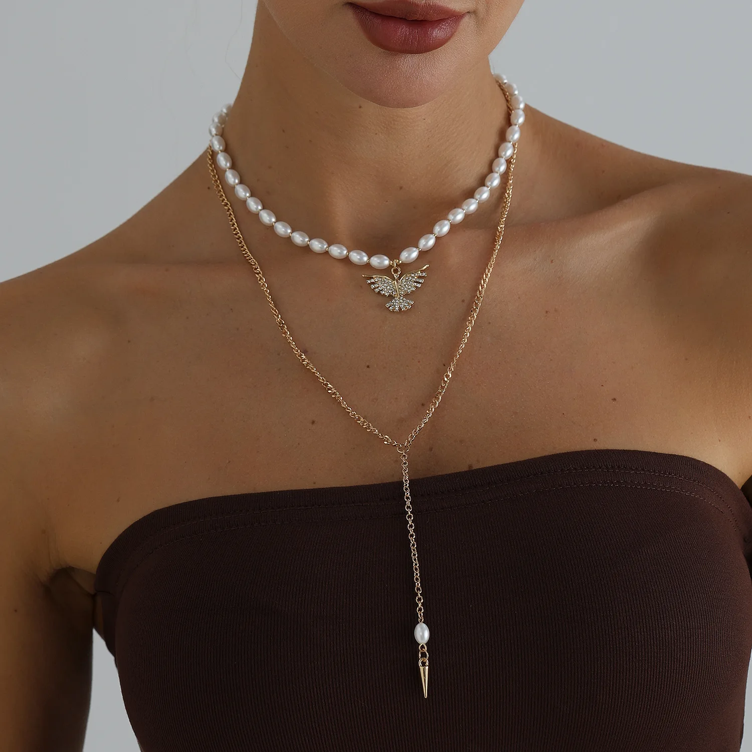 Elegant Long Tassel Imitation Pearl Choker Necklace Women Exquisite Crystal Bird Pendant Sweater Chain Lady Charm Jewelry N0660