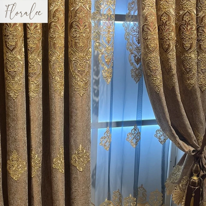 Custom  Size！！European Luxury Brown High-end Blackout Neil Water-soluble Embroidered Curtains for Living Dining Room Bedroom