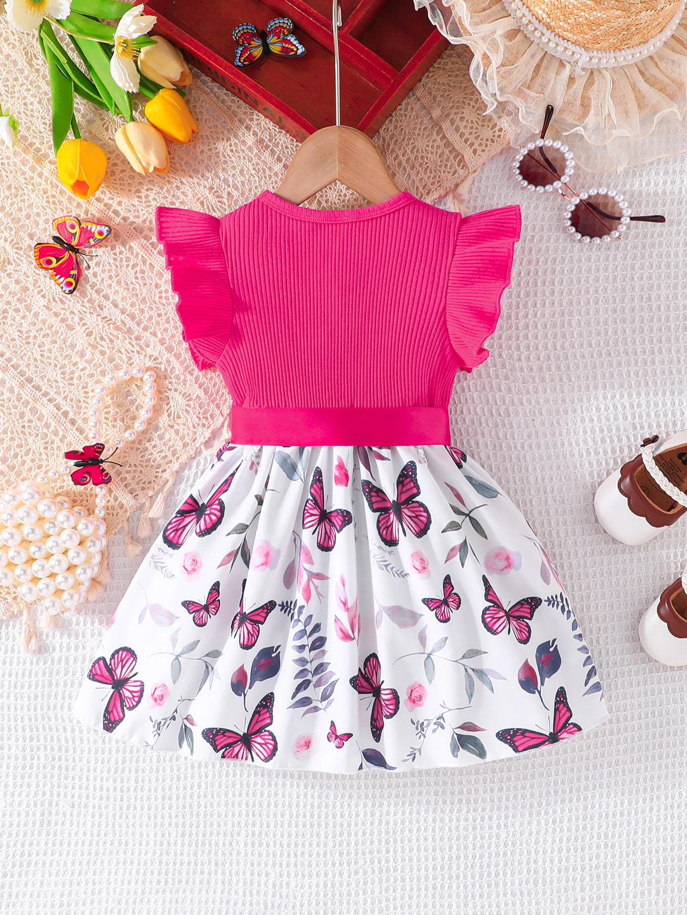 Dress For Kids 6-36 Months Cotton Ruffle Sleeve Cute Butterfly Floral Summer Princess Formal Dresses Ootd For Newborn Baby Girl