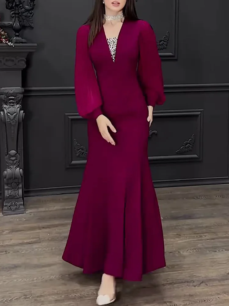 

Women Casual Long Sleeve Solid Commuter Long Dress Elegant Hight Waist Slim Swing Dress Sexy Shiny V-neck Splicing A-Line Dress