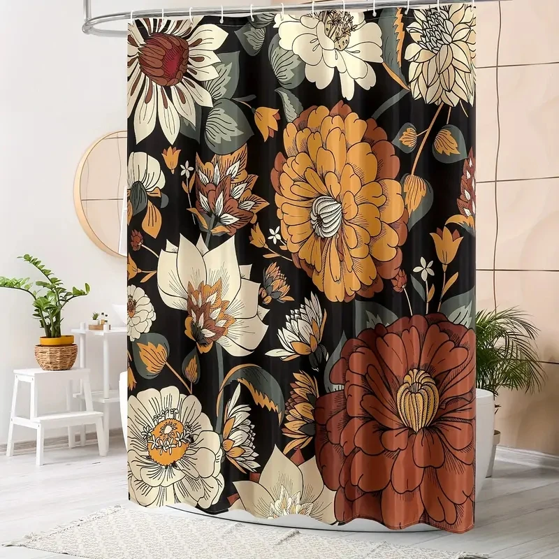 1pc Colorful Boho Floral Shower Curtain with Tropical Leaves - Modern Bathroom Decor