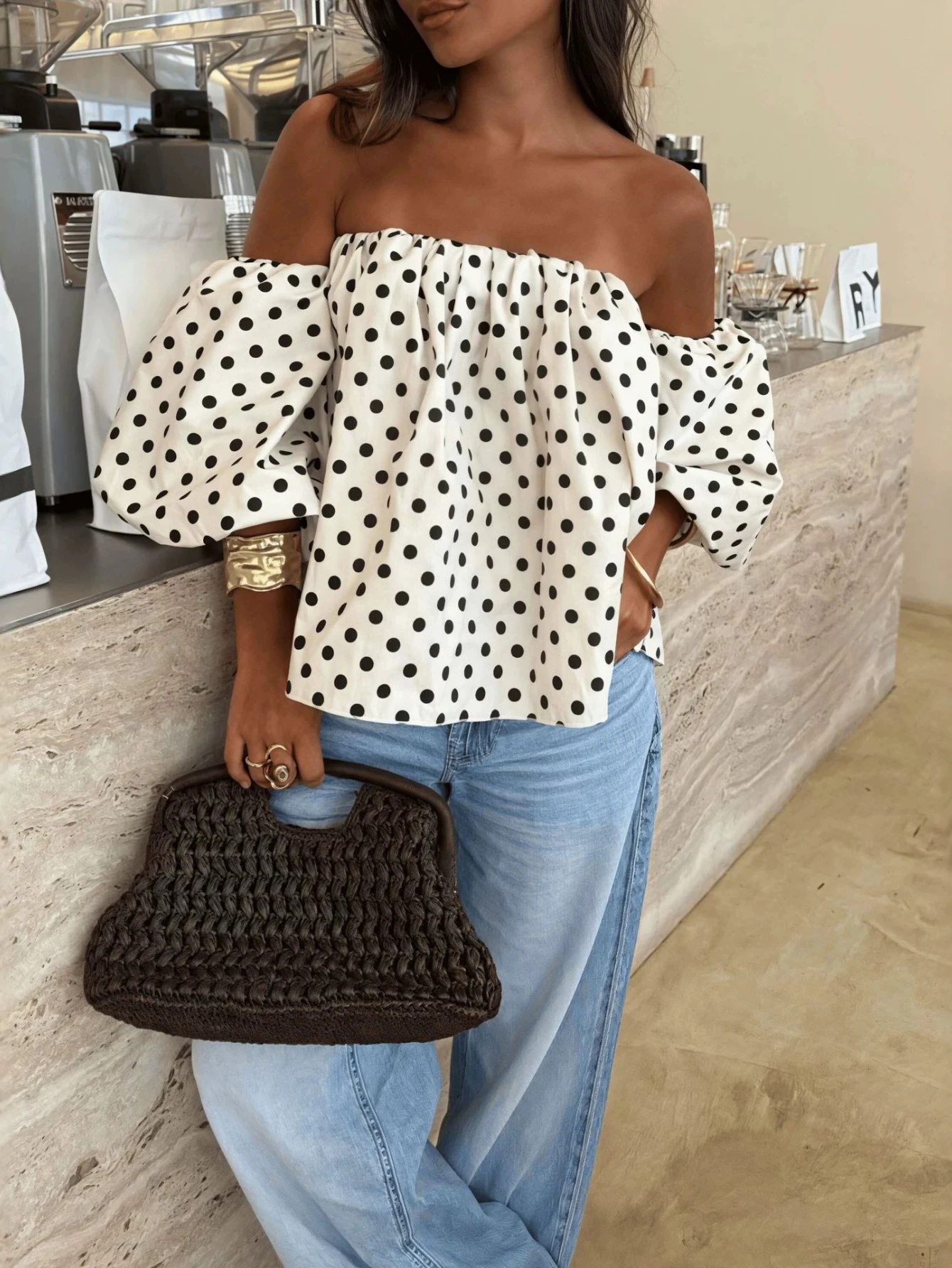 Elegant Polka Dot Off Shoulder Top Women Puff Sleeve Blouse Loose Fit Short Sleeve Shirts French Chic 2026 Autumn Summer Blouse