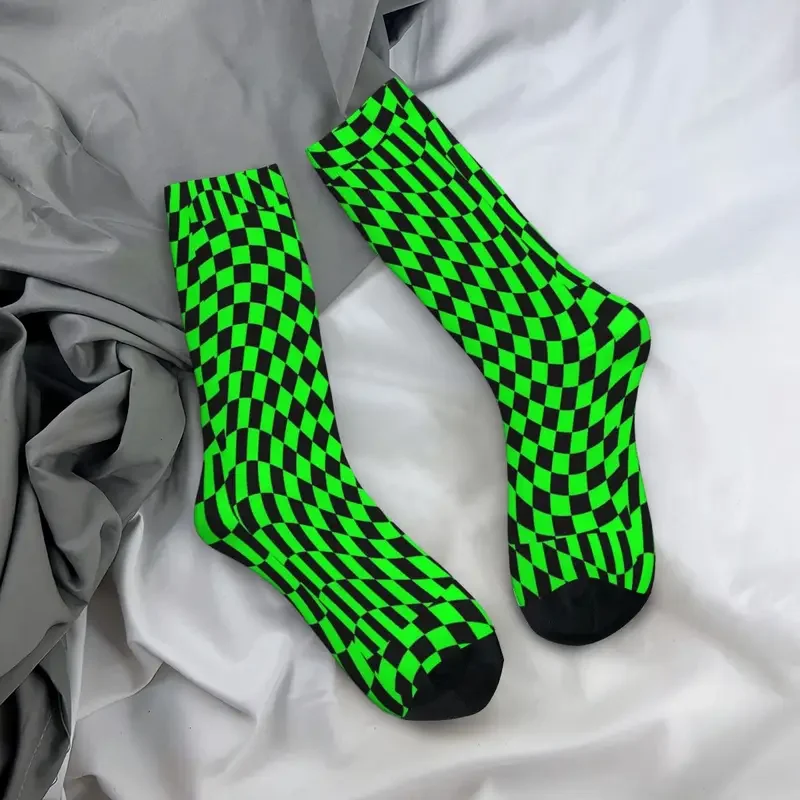 Y2K Neon Green Checkered Black Checkerboard Swirl Frankenstein Horror Movie Socks Male Mens Women Autumn Stockings Harajuku