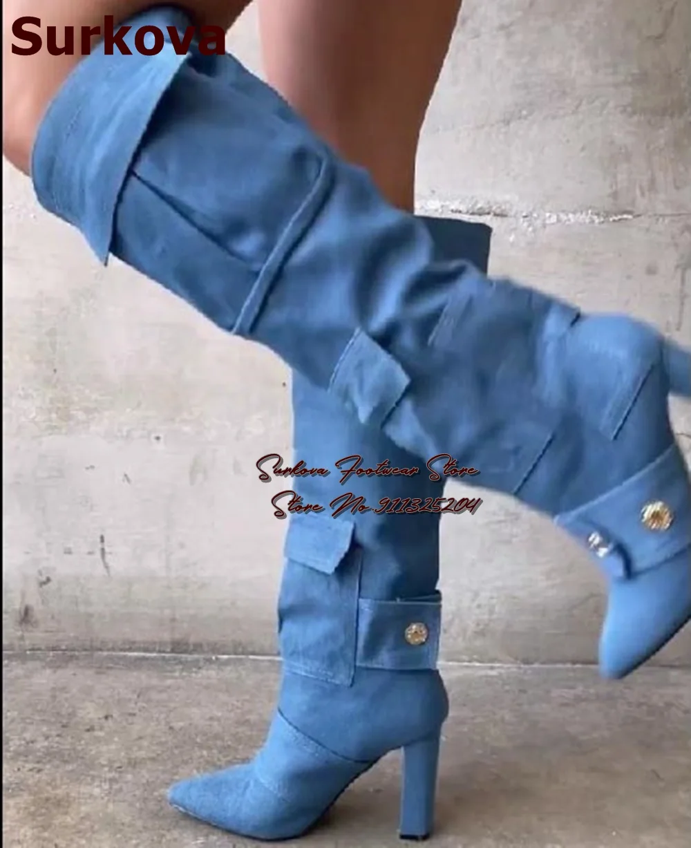 

Surkova Blue Denin Chunky Heel Knee Boots Pockets Embellished Metallic Round Studded Tall Boots Pointed Toe Jeans Dress Shoes