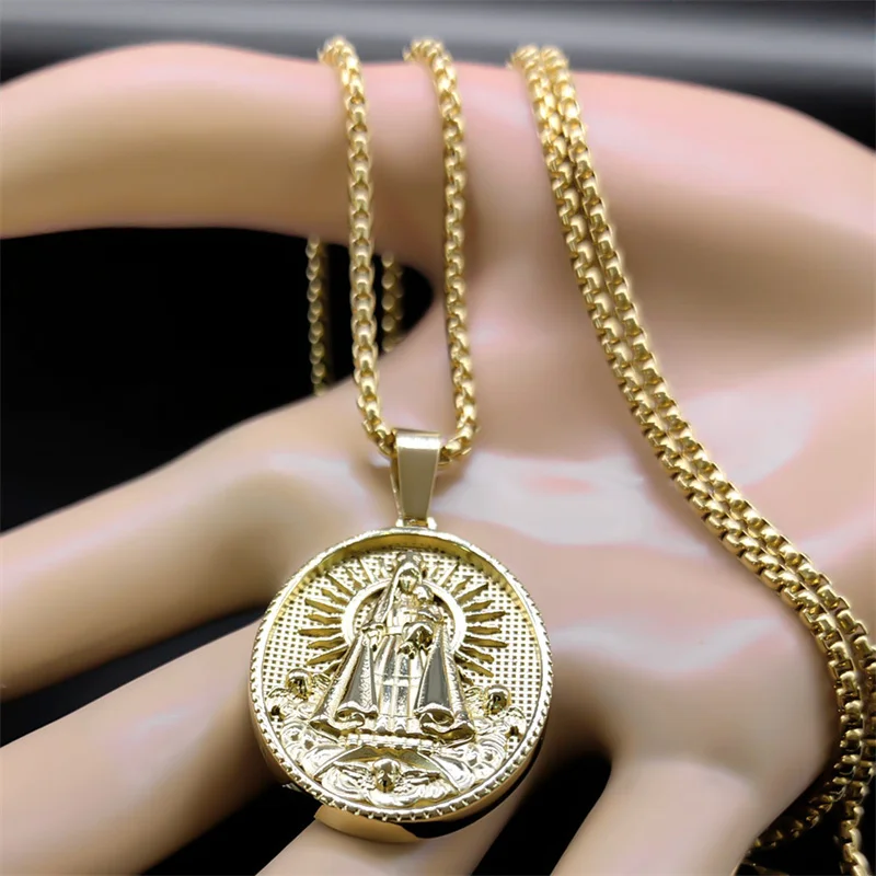 Brazil Nossa Senhora Our Lady of Aparecida Medal Necklace for Men Women Stainless Steel Gold Color Chain Jewelry colar NZZ466S02