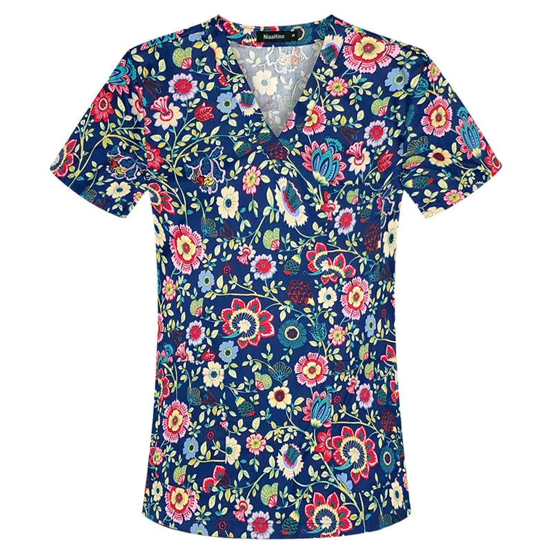 Print Medical Uniforms Women Scrubs Tops Nurse Uniform Short Sleeve T-Shirt Dental Clinic Beauty Spa Workwear Nurses Accesories