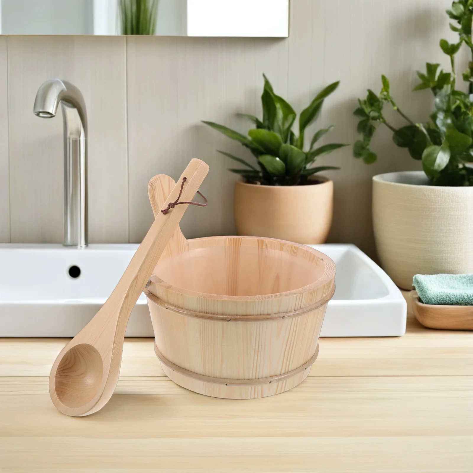 

1Set Wooden Sauna Bucket Sauna Barrel 4L Inner Liner Spa Accessories Foot Soak Water Scoop Wood Water Scoop and Bucket