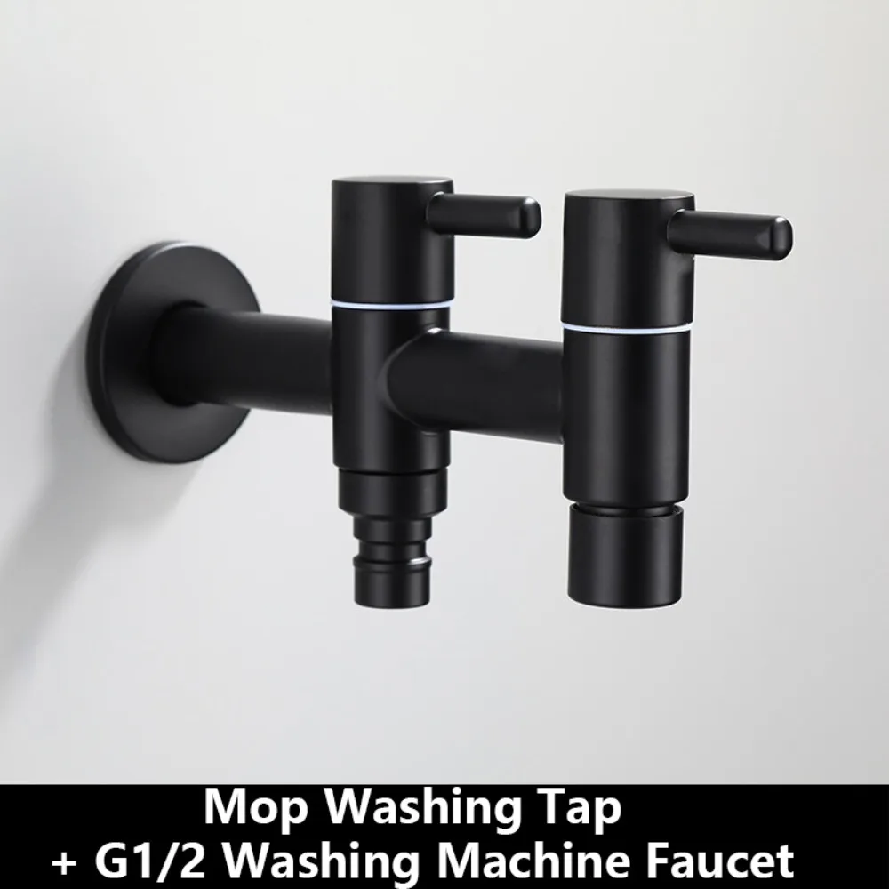 

304 Stainless Steel Washing Machine Faucet Matte Black Wall Mounted Mop Washing Tap 1in 2out Easy Installation