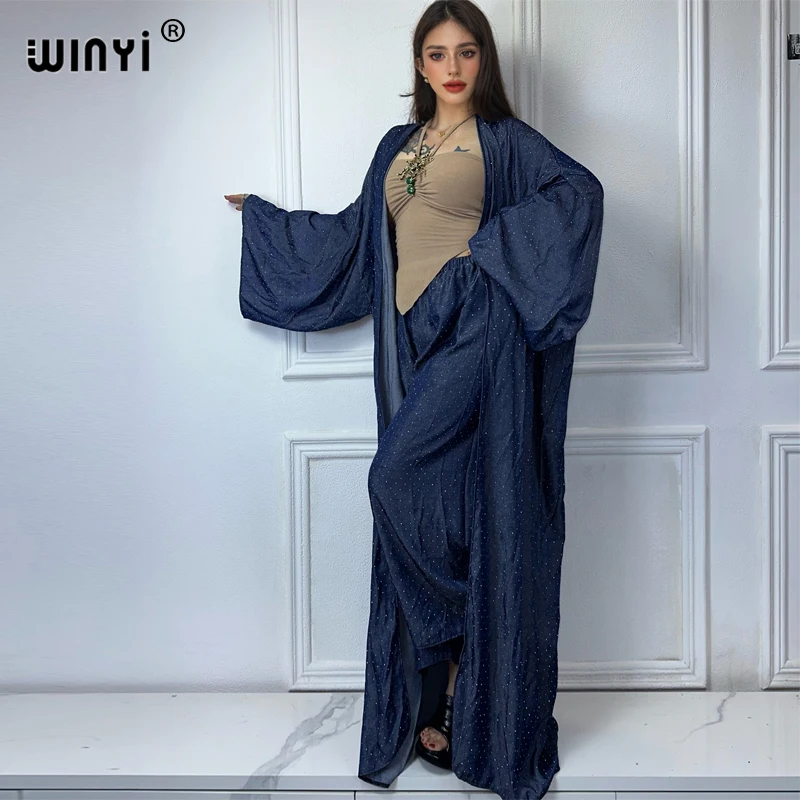 WINYI Africa fashion 2 piece sets women outfit kimonos Women maxi Cardigan pant sets Hot drilling denim suit