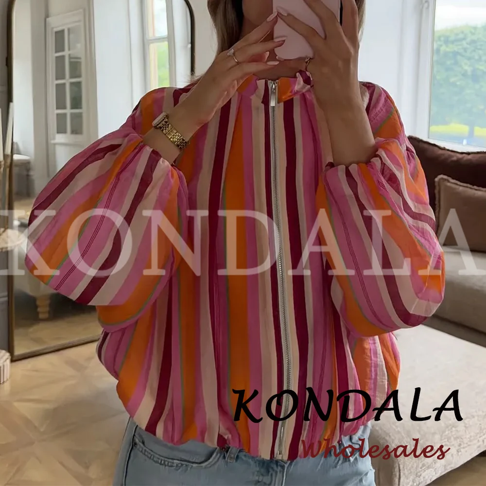 KONDALA Vintage Streetwear Orange Striped Woman Summer Jackets Loose Zipper Long Sleeve Coat Fashion 2026 Casual Pilot Jacket