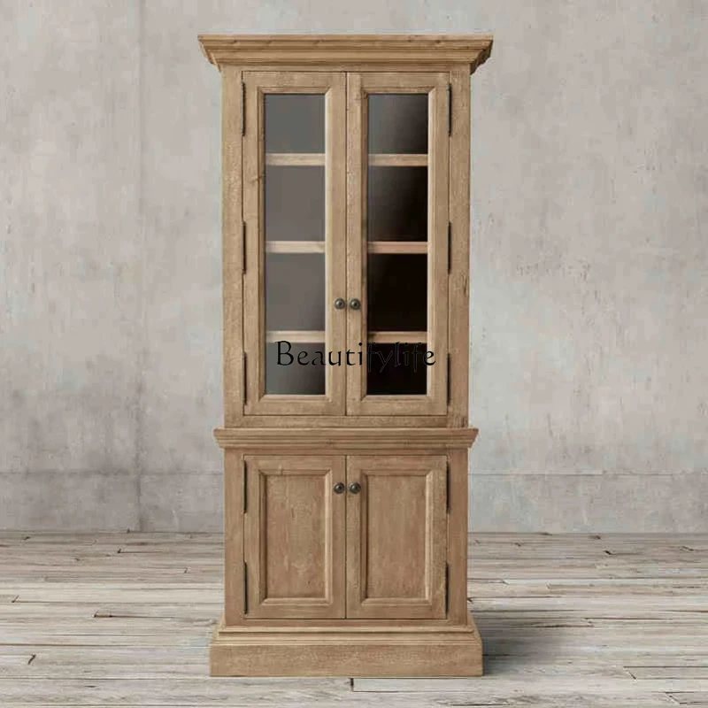 

American rural solid wood shelf retro double door glass side storage cabinet