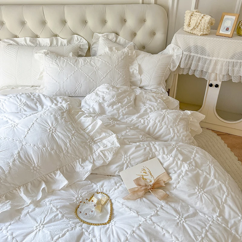 100% Cotton Korean Princess Solid White Bedding Sets Ruffle Bedspread Flower Embroidered Duvet Cover Bed Skirt Pillowcases