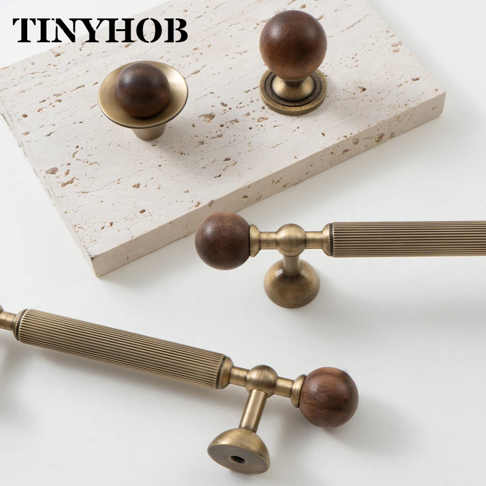 Vintage Walnut Wood + Brass Handles with Vertical Stripes Ball End Knobs Antique Bronze Furniture Pulls for Cabinets Drawers