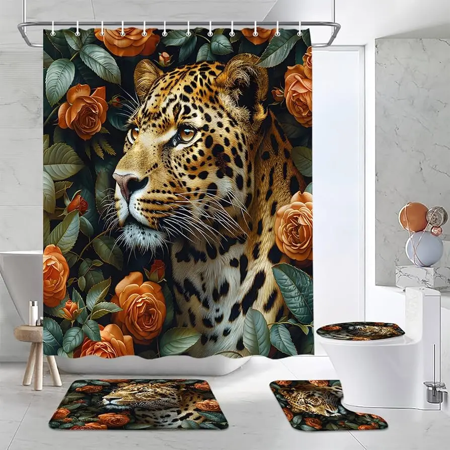 

Наборы занавесок для душа Moon Leopard Cheetah, наборы декора для ванной комнаты, занавески для ванной комнаты, коврик для унитаза, крышка, ковер, аксессуары с животным принтом, 4 шт.