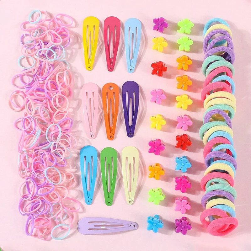 210Pcs Girls Hair Accessories Set Boxed Hair Ties Children Ponytail Holder Rubber Band Kids Small Claw Clips Colorful Hairpins