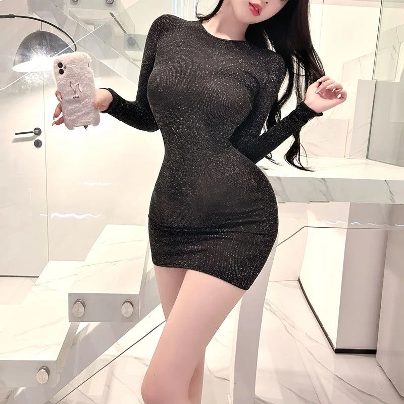 Elegant Sexy round Neck Dress Silver Thread Revealing Slim Fit Outdoor Skirt Women's Cleanfit High Elasticity Polyester Fiber