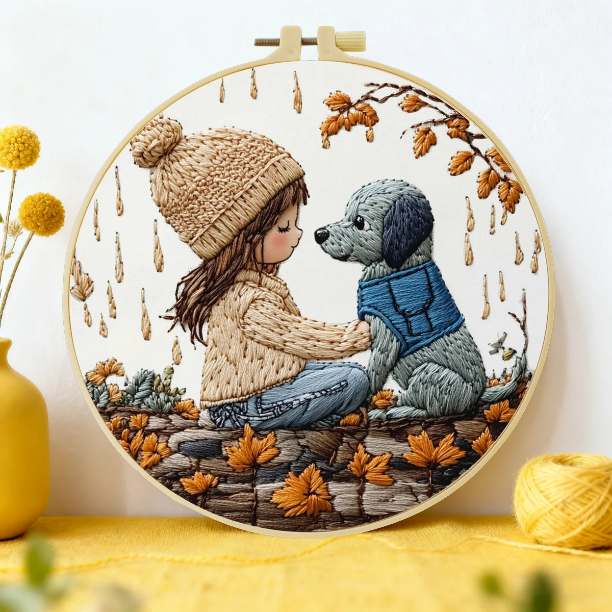 1 Stück 20X20CM/15X15CM 7,87/6,3 Zoll Stickerei-Starter-Kit „Ein Mädchen und ein Hund“ DIY-Kit DIY-Stickerei-Kit Handarbeiten Nadelkunst – Detail 1