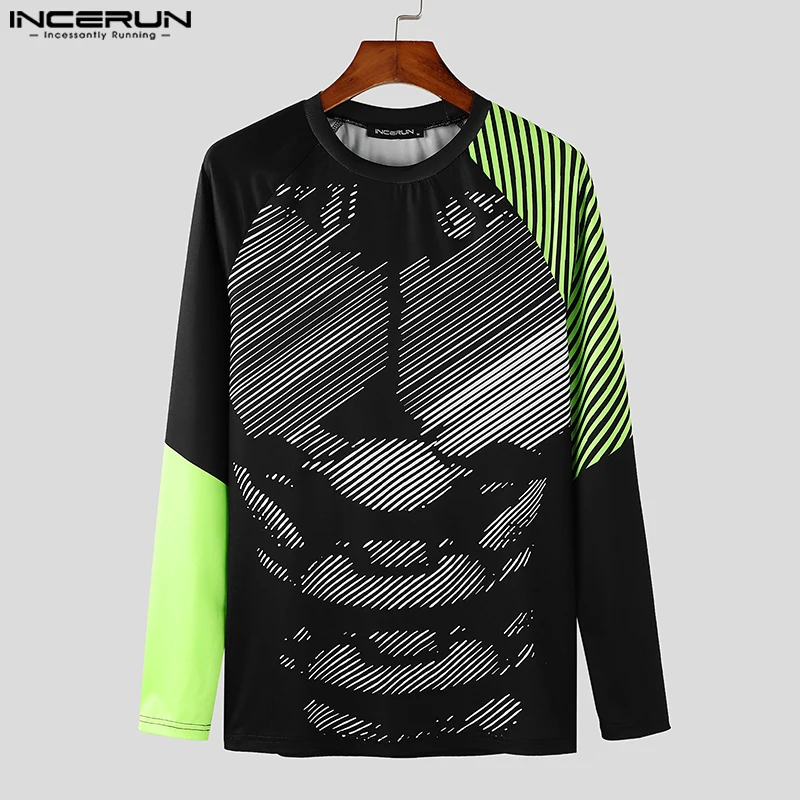 2024 INCERUN Irregular Lines Colorblock Tops Men Casual Long Sleeve T-shirts Well Fitting Long Sleeved Tees Round Neck Sexy Tops