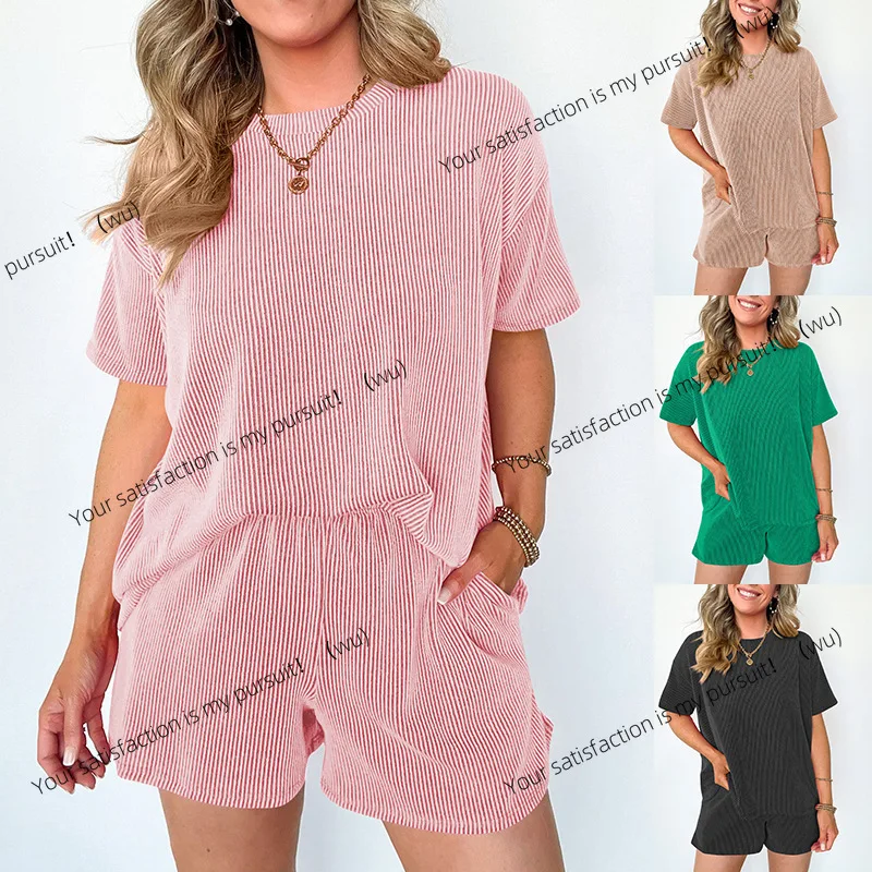 

ZOCI-Short sleeved wavy round neck top with elastic waistband shorts two-piece set