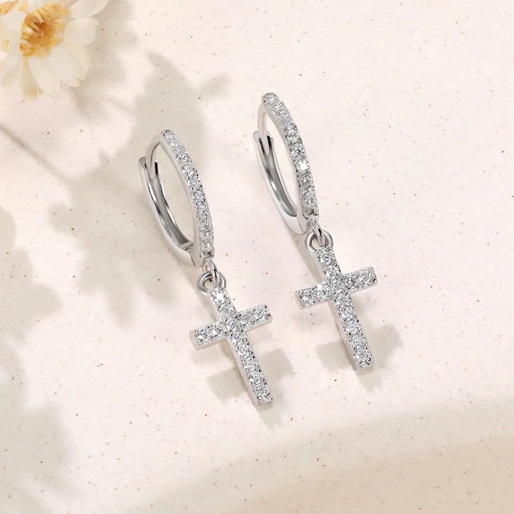 M-JAJA Full Moissanite Boucles d'oreilles pour hommes/femmes Croix Dstress925 Sterling Silver Hoop Boucles d'oreilles D document VVl's Hip Hop Couple Bijoux