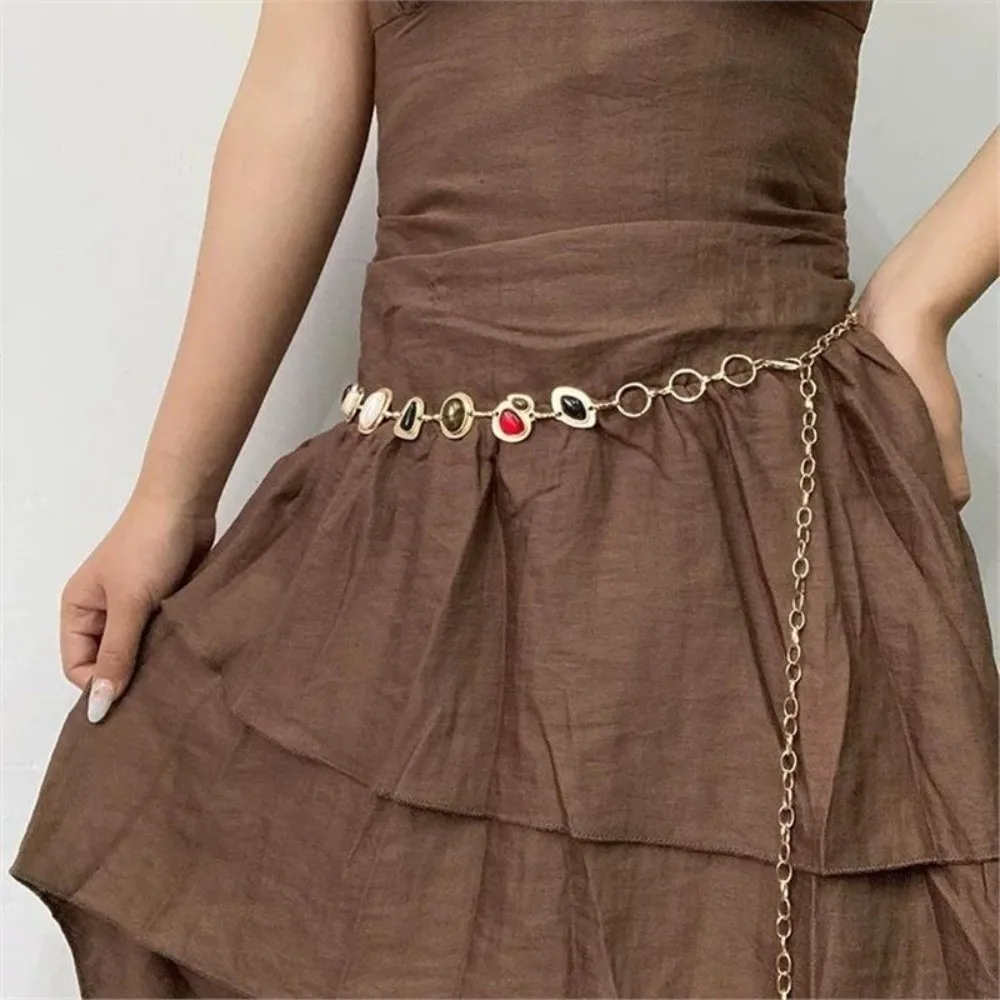 Y2K Vintage Simulated Gemstone Waist Chains Adjustable Personality Metal Belly Chain Boho Versatile Belt Chain for Women