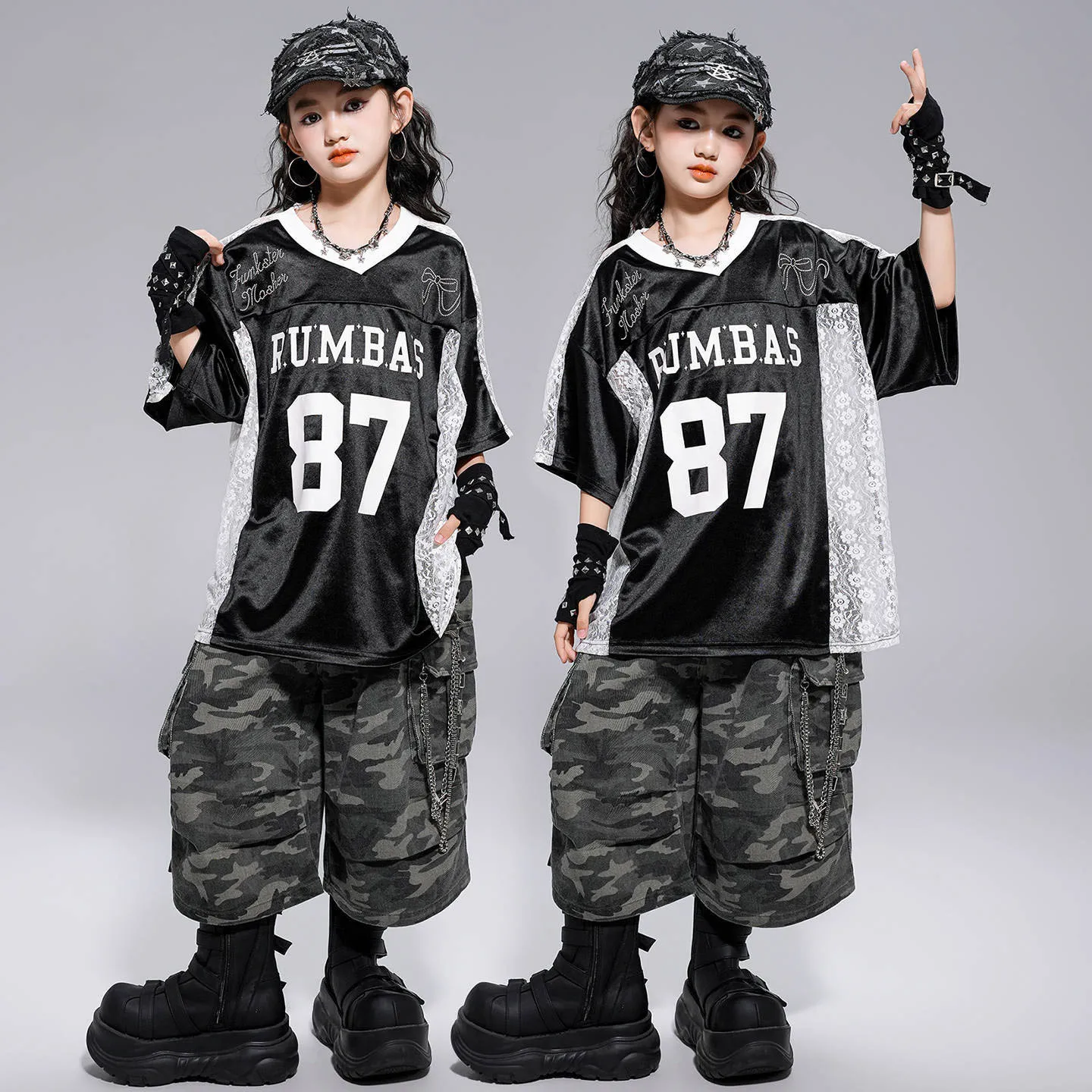 

Kid Kpop Hip Hop Clothing Black V Neck T Shirt Camouflage Cargo Shorts Middle Pants for Girl Boy Jazz Dance Wear Costume Clothes