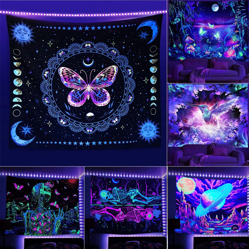 Black Light Tapestry Hippie UV Reactive Psychedelic Tapestry Wall Hanging Yoga Carpet Boho Room Home Decor