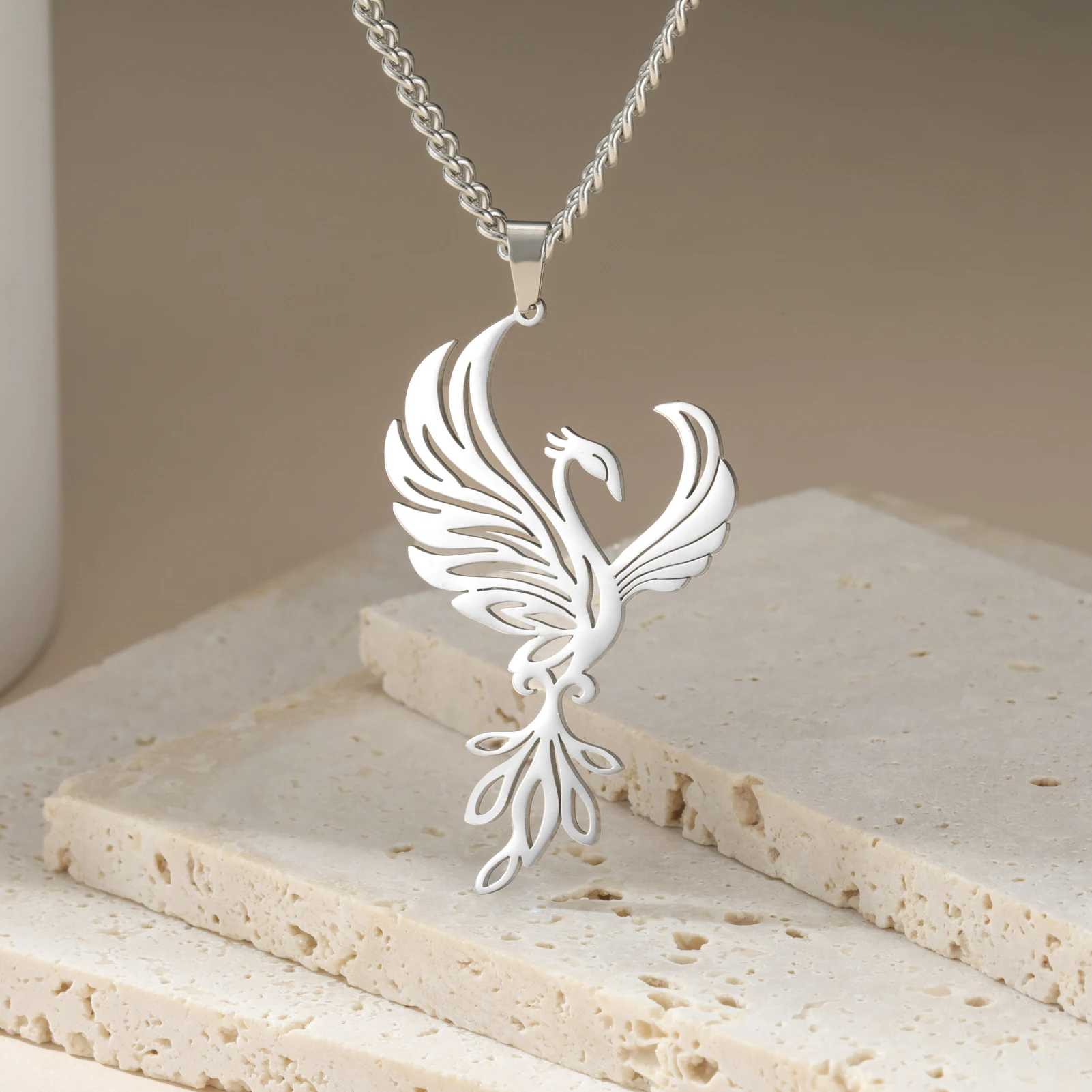 VASSAGO Rising Phoenix Necklace for Women Stainless Steel Phoenix Fire Bird Pendant Necklace for Men Trendy Jewelry Gifts