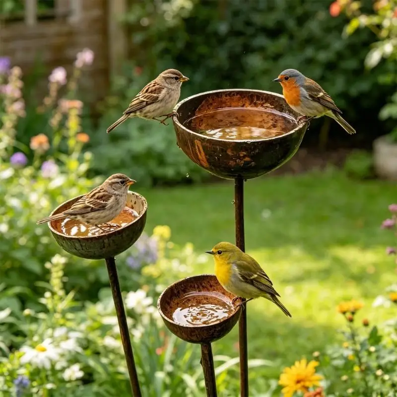 Metal Bird Bath Bowls Set of 3 with Weathered Iron Posts, 6/8/10cm Water Dishes for Yard Flower Plots, Backyard Routes, and B03E