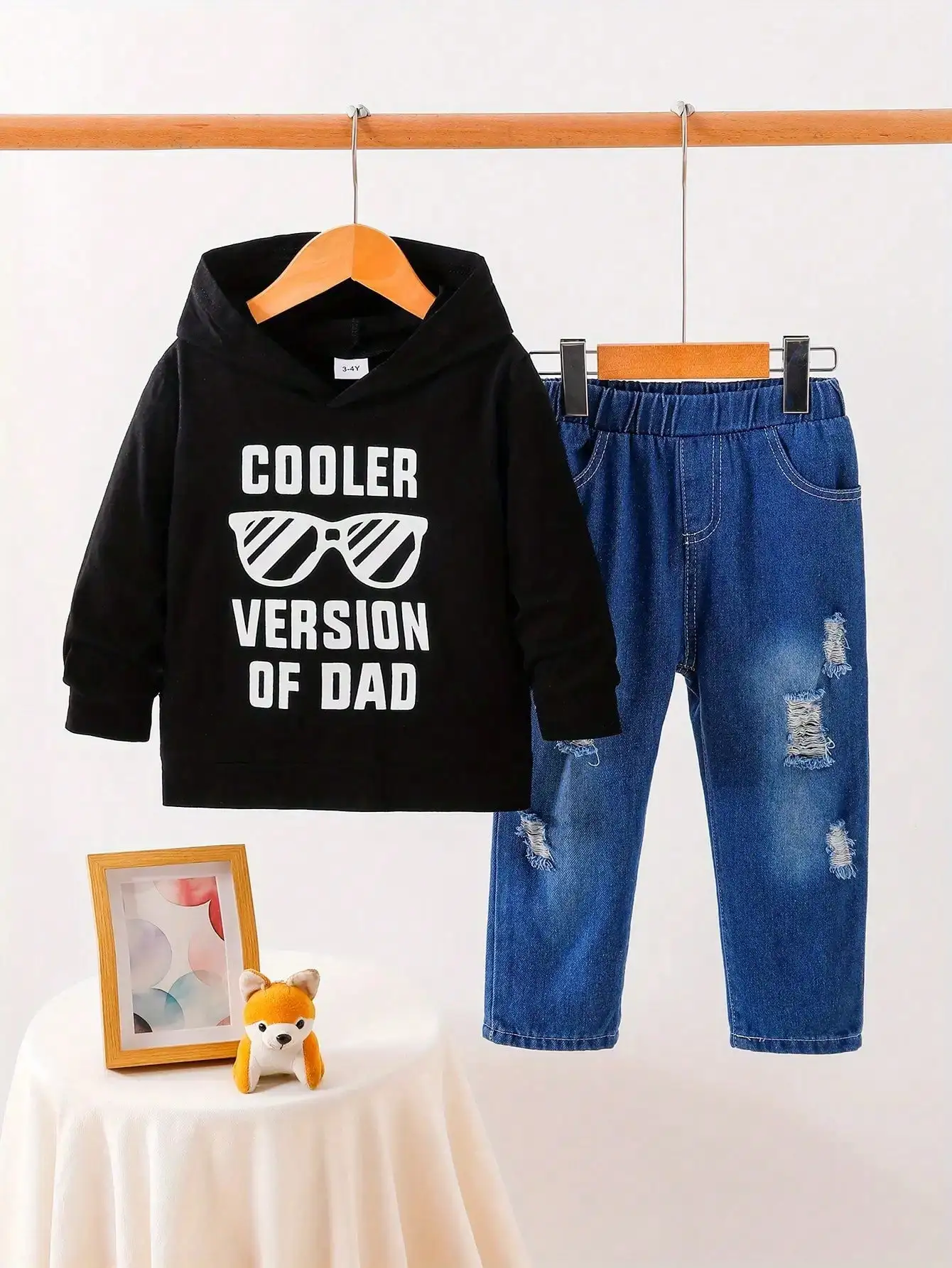 

Толстовка с капюшоном «Dad's Cooler Version» для маленьких мальчиков и рваный наряд из искусственного денима — черный/синий повседневный сезон: весна-осень