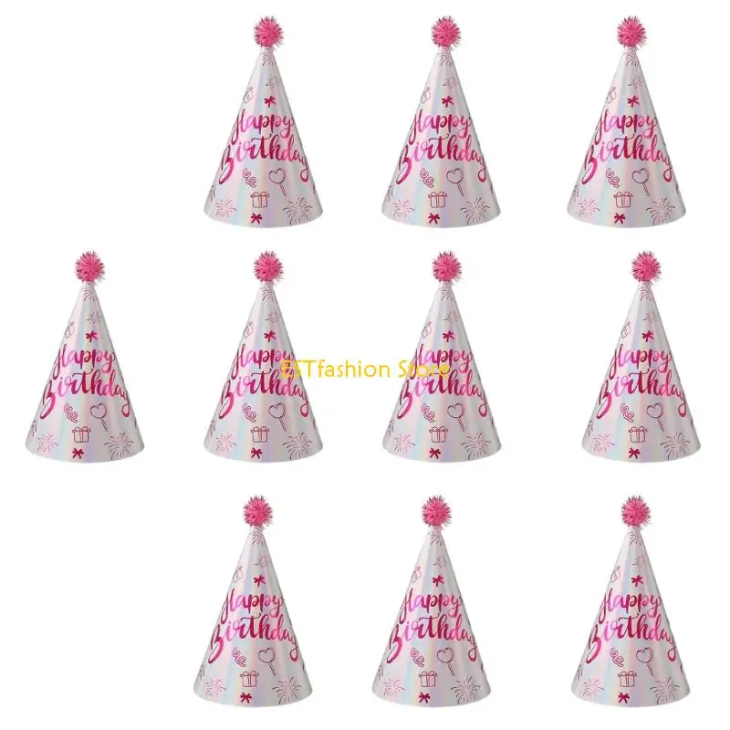 Y5GC 10 Piece Hot Stamping Cone Birthday Hat Nonslip Design Headgear With Soft Pom Decoration Kids Adults