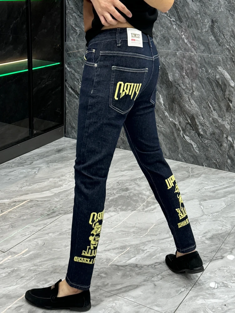 

Elegant Embroidered Men's Jeans Heavy Duty Washed Slim Fit Fashionable Spring Season Youth Casual Straight Leg Distressed Denim