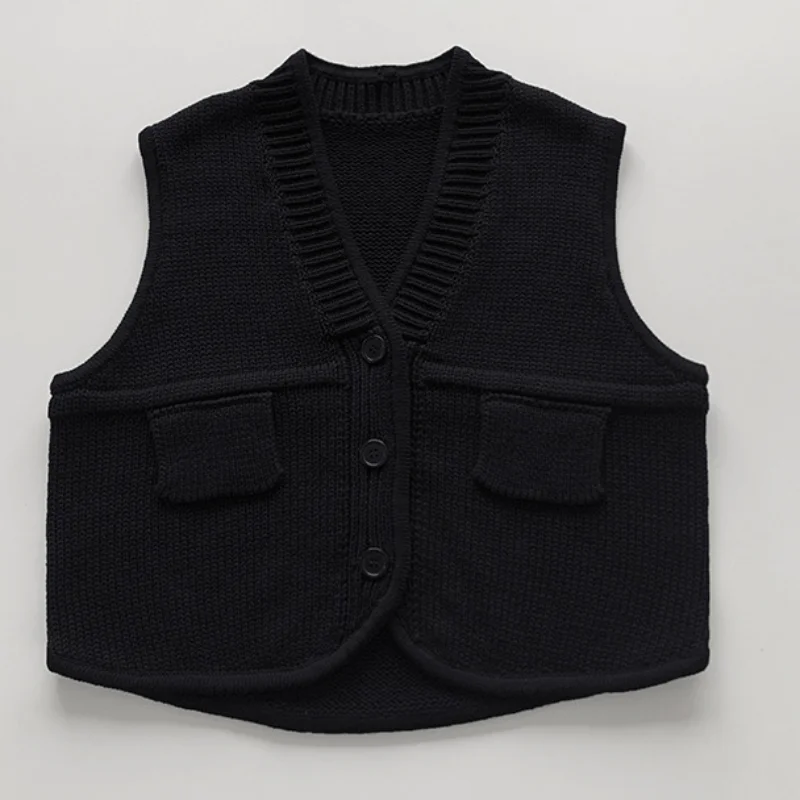 Cotton Blended Knitted Vest Spring Autumn V-neck Sleeveless Versatile Tops Women Decorative Pocket Cover Jumpers Sweates Black