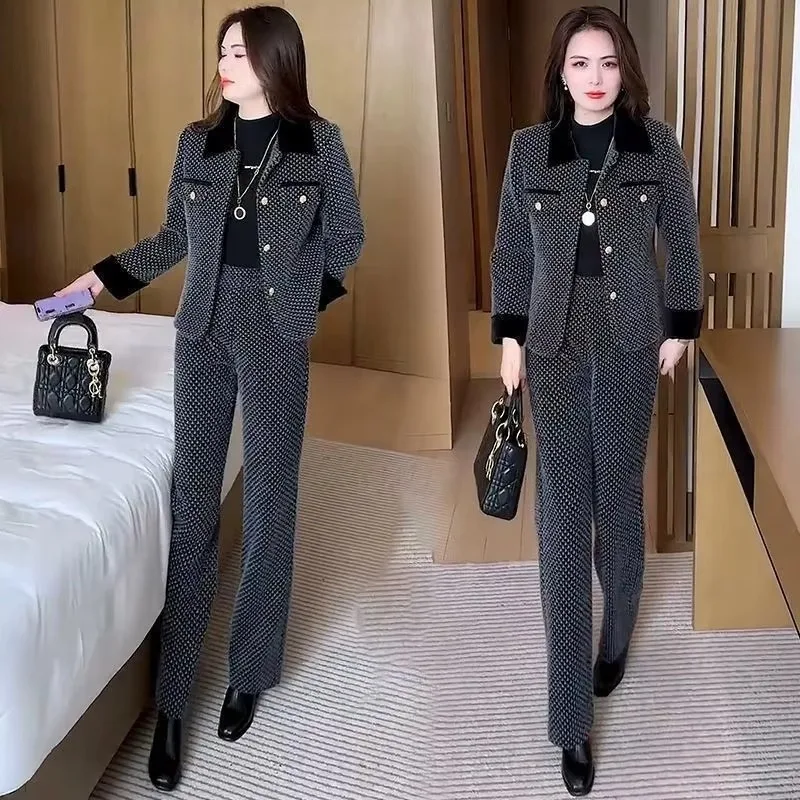 Women Print Pant Sets Elegant Lapel Full Sleeve Jackets Button High Waist Long Pants Straight Elegant Office Lady Autumn Winter