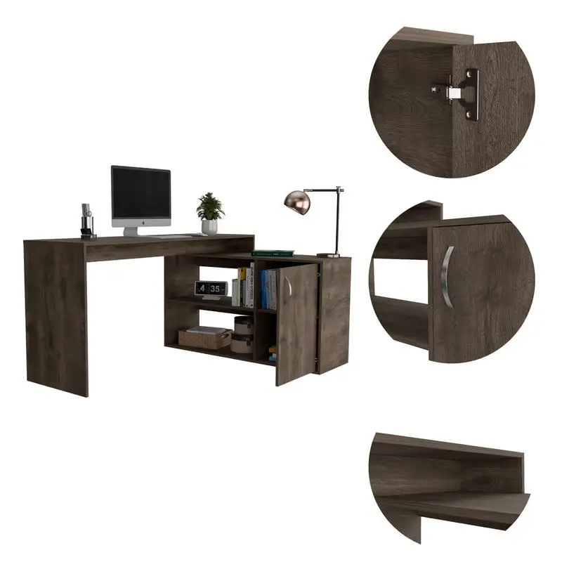 L-Shaped 2-Shelf Writing Desk, Dark Brown Wood Finish, Modern Design for Home Office